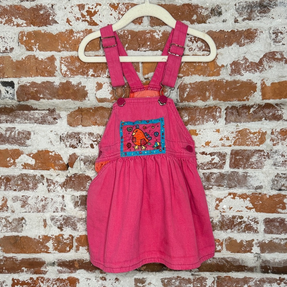 OshKosh B’gosh Vintage Pink Overall Dress Bird Print Size 4T